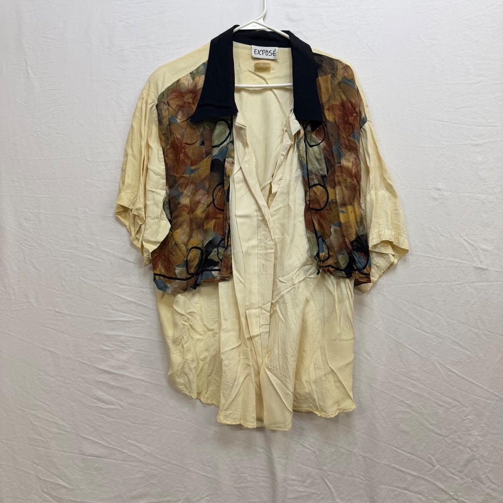 Expose Vintage Yellow Floral Button Down Shirt Short Sleeve Black Collar Size L